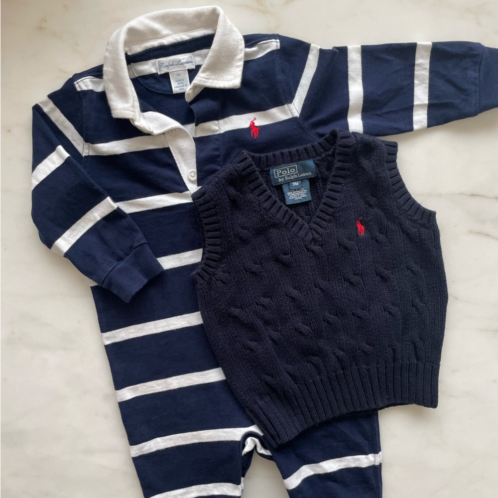 Ralph Lauren Baby Boy Lot - VTG/Modern - 9 Mos Polo Rugby Onesie & Sweater Vest